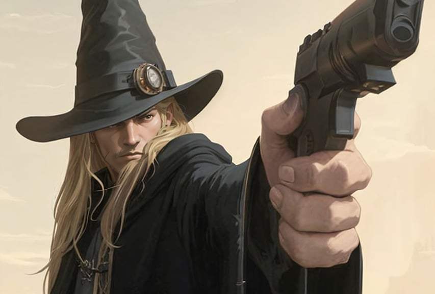 https://pixabay.com/illustrations/ai-generated-gun-wizard-pointed-hat-9340282/