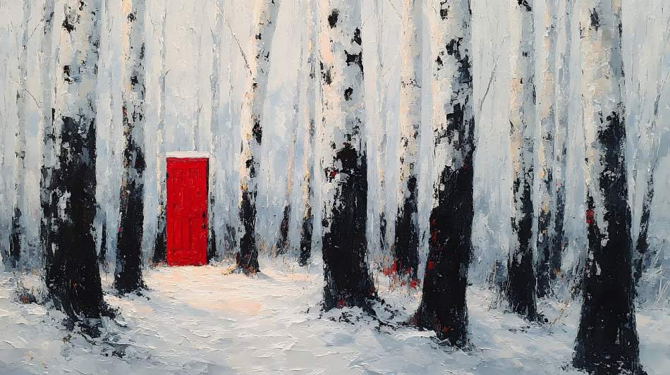 https://pixabay.com/illustrations/door-red-forest-snow-birch-trees-10022121/